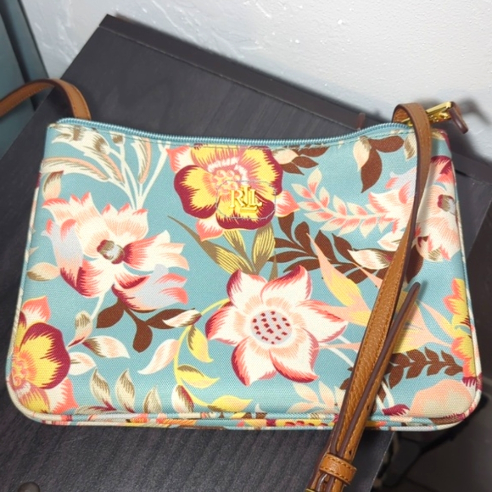 Ralph Lauren Floral Crossbody Bag in Teal with Brown Strap